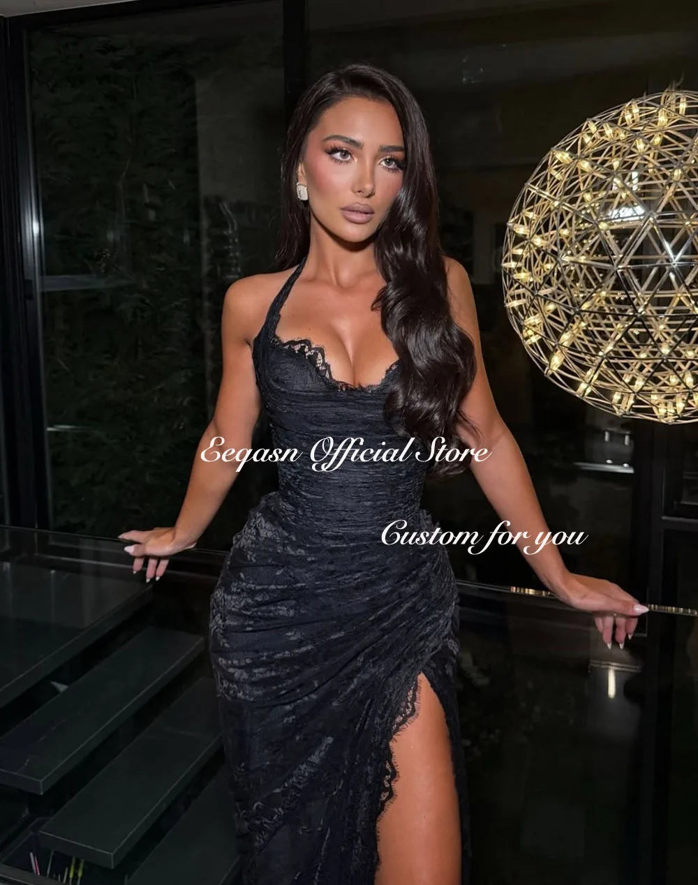 Halter Neck Lace Prom Dress High Slit Mermaid vestidos de noche Elegant Sexy Black Ruched Formal Evening Gown Customized