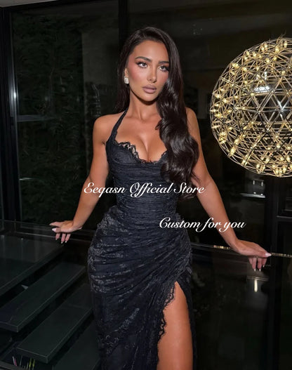 Halter Neck Lace Prom Dress High Slit Mermaid vestidos de noche Elegant Sexy Black Ruched Formal Evening Gown Customized