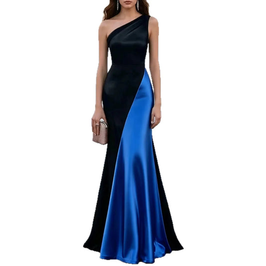 One-Shoulder Contrast-Panel Evening Gown