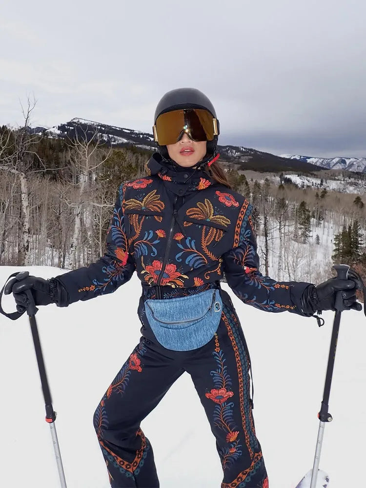 Women Floral Print Hooded Ski Set Stand Belt Waist Zipper Straight Jumpsuit Retro Fashion Sheath Warm Sport Winter 2026 Skiwear