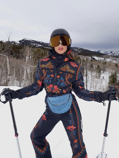 Women Floral Print Hooded Ski Set Stand Belt Waist Zipper Straight Jumpsuit Retro Fashion Sheath Warm Sport Winter 2026 Skiwear
