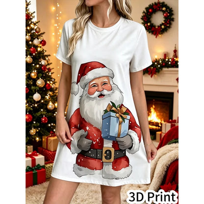 3D Fun Santa Claus Printed New Year Party Dress Women's Short Sleeve Round Leader Casual Loose Mini Dress Vestidos De Mujer