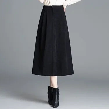 Women Autumn Winter Wool Blend A Line Midi Skirt High Waist Button Casual Office Bottoms