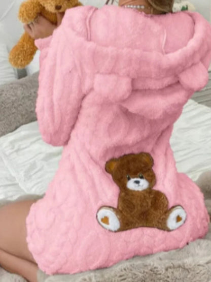 Trendy Cartoon Bear Pattern Warm Jumpsuit Shorts Women Plush Hooded Flannel Loungewear Lady New Autumn Winter Effortless Outfits