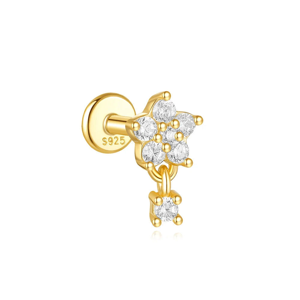 AIDE 925 Sterling Silver Shiny Hollow Lotus Flower Crown Flat Back Internal Thread Piercing Earring For Women INS Dainty Luxury