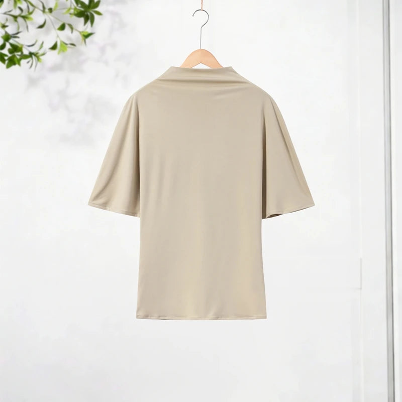 Elegant Irregular Hem Skirt Set Women Short Sleeve Half High Collar Top Loose Long Skirt 2026 Summer Lady New Casual Chic Outfit