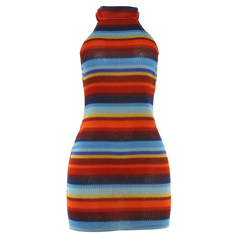 Cryptographic Striped Knit Halter Mini Dress Colorful Contrast Sleeveless Backless Summer Casual Clubwear Bodycon Short Dresses