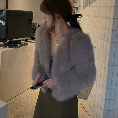 FANIECES Faux Fur Coat Women Luxury Collarless Short Fur Outwear Winter Elegant Thick Artificial Fur Jacket Warm Shaggy Overcoat