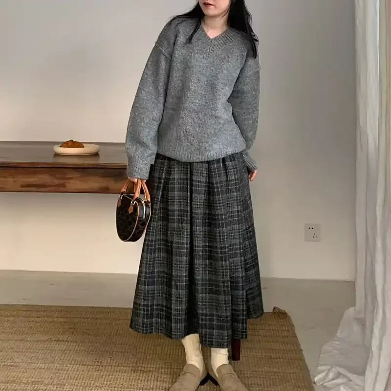 Women's Plaid Pleated Long Skirt