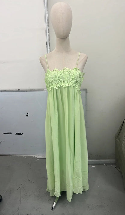 Women Pant Set Sheer Layers Spaghetti Strap Backless Lace Top Straps Solid Loose Straight Elastic Hem Fashion Beach Chic Suits
