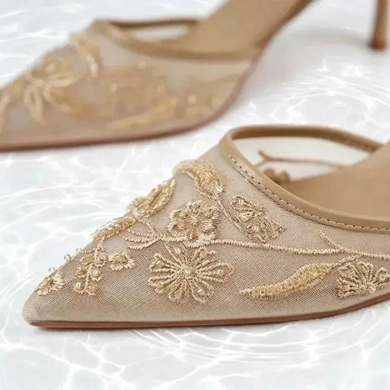 Women's Embroidered Mesh Slingback Heels