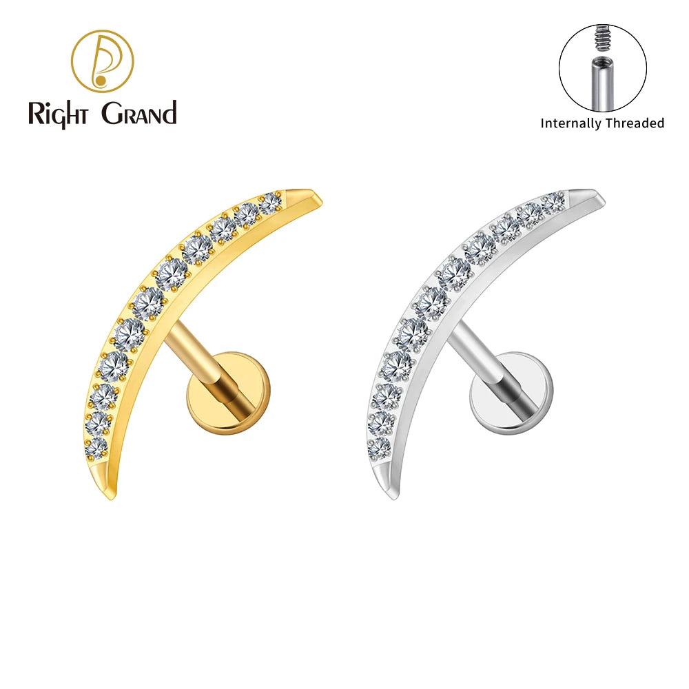 Right Grand ASTM F136 Titanium Long Crescent Moon Labret with CZ 16G Screw Back Climber Earring Helix Cartilage Tragus Piercing