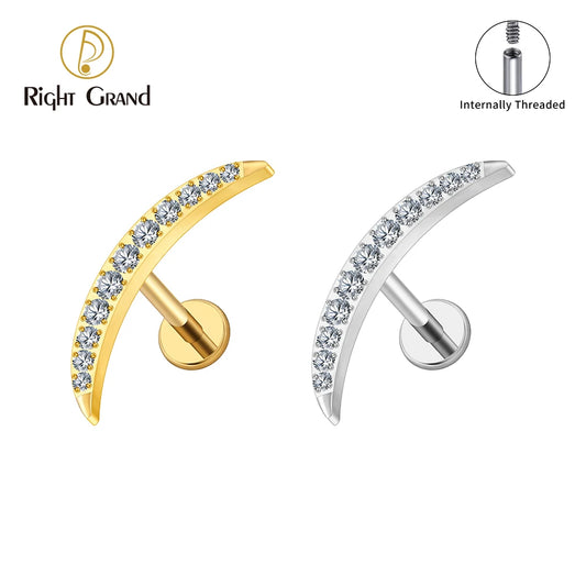 Right Grand ASTM F136 Titanium Long Crescent Moon Labret with CZ 16G Screw Back Climber Earring Helix Cartilage Tragus Piercing