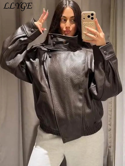 Fashion Stand Collar Women's Leather Jacket Loose Aasymmetric Zipper Buttons Full Sleeve Coat 2026 Spring Lady Biker Streetwear