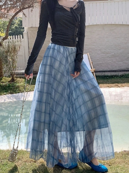 2026 Spring Summer Wrinkled Pleated Skirt Women Mesh Skirt Korean Casual High Waisted A-Line Plaid Long Skirt Midi falda plisada