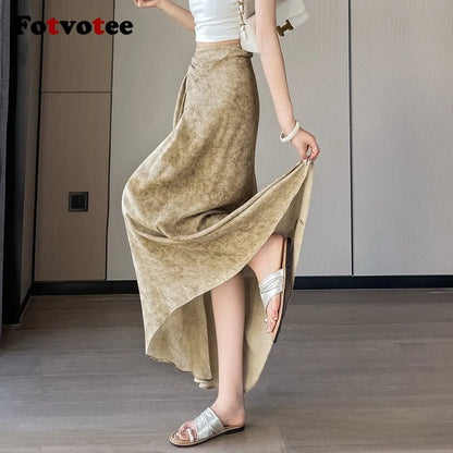 FOTVOTEE Tie Dye Irregular Skirt Women High Waist Tie Slimming Drape Long Skirt Boho Beach Vintage Temperament A Line Skirts