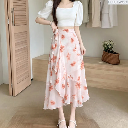 2025 Chic Korea Clothes Summer Women Cute Sweet GIrl Floral Robe Holiday Date High Waist Retro Vintage One-Piece Lace-Up Skirts
