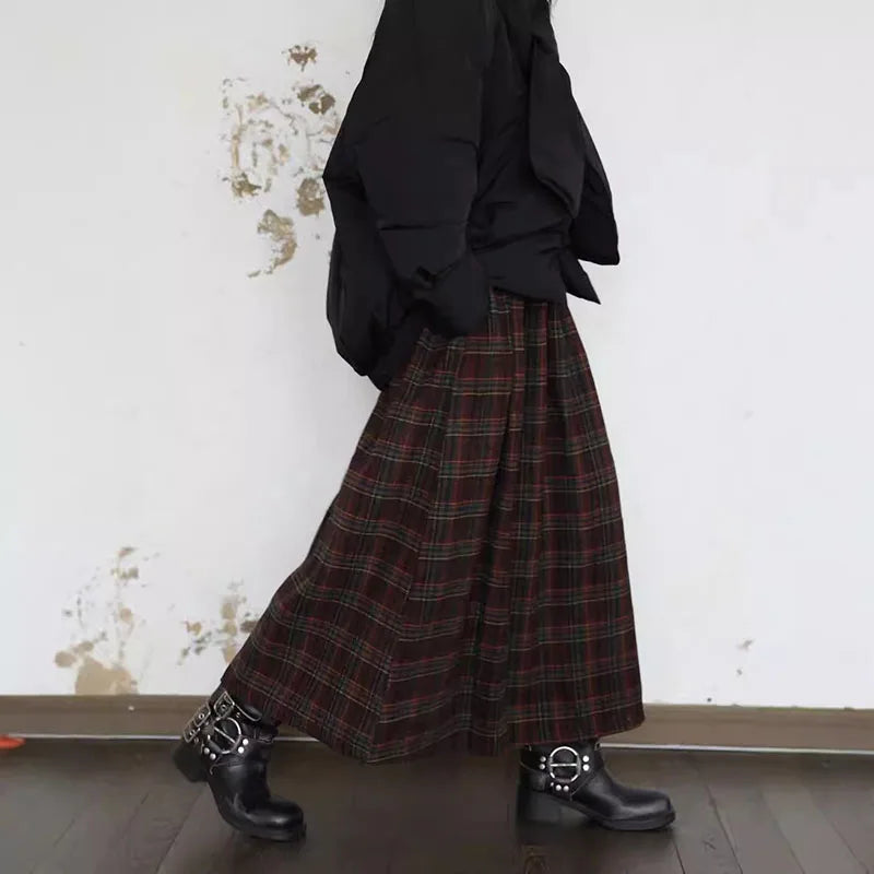 2025 Women's Autumn-Winter Vintage Check Tweed Mid-Length A-Line Umbrella-style Skirt With Wide Hips And Large Skirt Hem