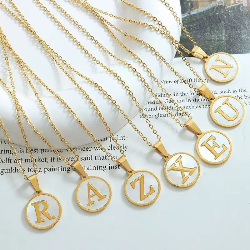 Murano Joias 26 Letters Stainless Steel Engraved Initial Old English Necklaces Custom Link