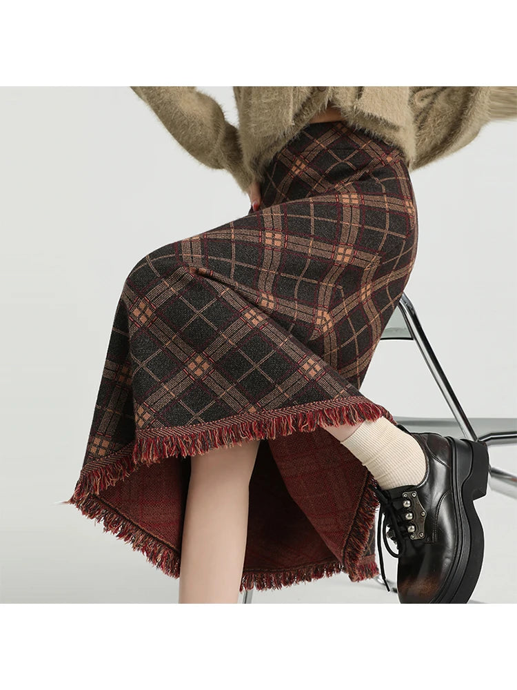 2025 Autumn Winter Women Korean Fashion A-line Plaid High Waist Midi Skirt Vintage Design Shoujo Preppy Style Tassel Trendy New