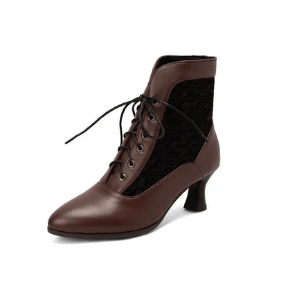 Women Victorian Ankle Boots Leather Lace Heel Shoes for women Fashion Lace Up Spliced Ladies High Heels Woman Boots Ankle 46