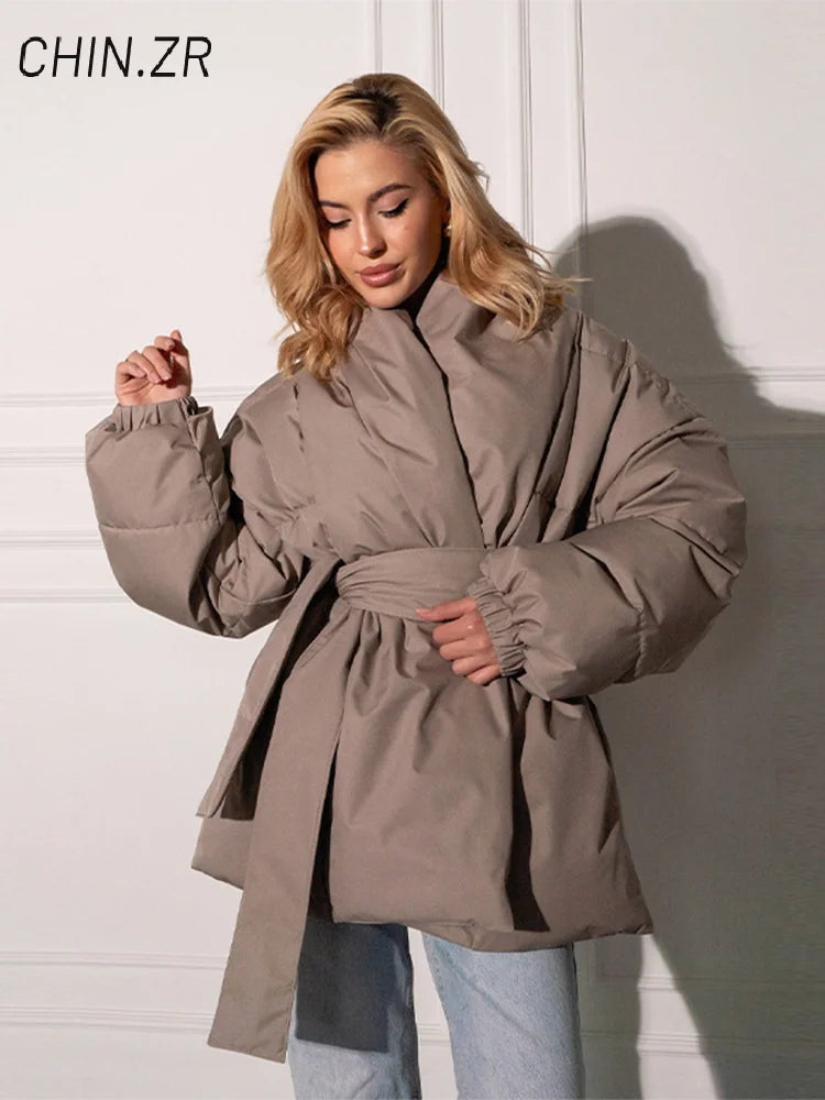 Casual Lace Up Women Winter Coats 2026 Belt Stand Collar Zipper Full Sleeve Kimono Jacket Lady Solid Thick Warm Outwear New