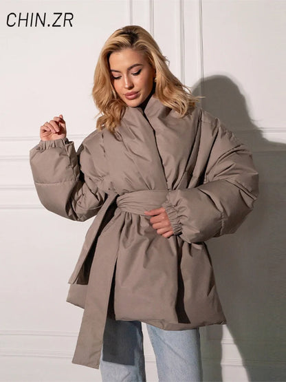 Casual Lace Up Women Winter Coats 2026 Belt Stand Collar Zipper Full Sleeve Kimono Jacket Lady Solid Thick Warm Outwear New