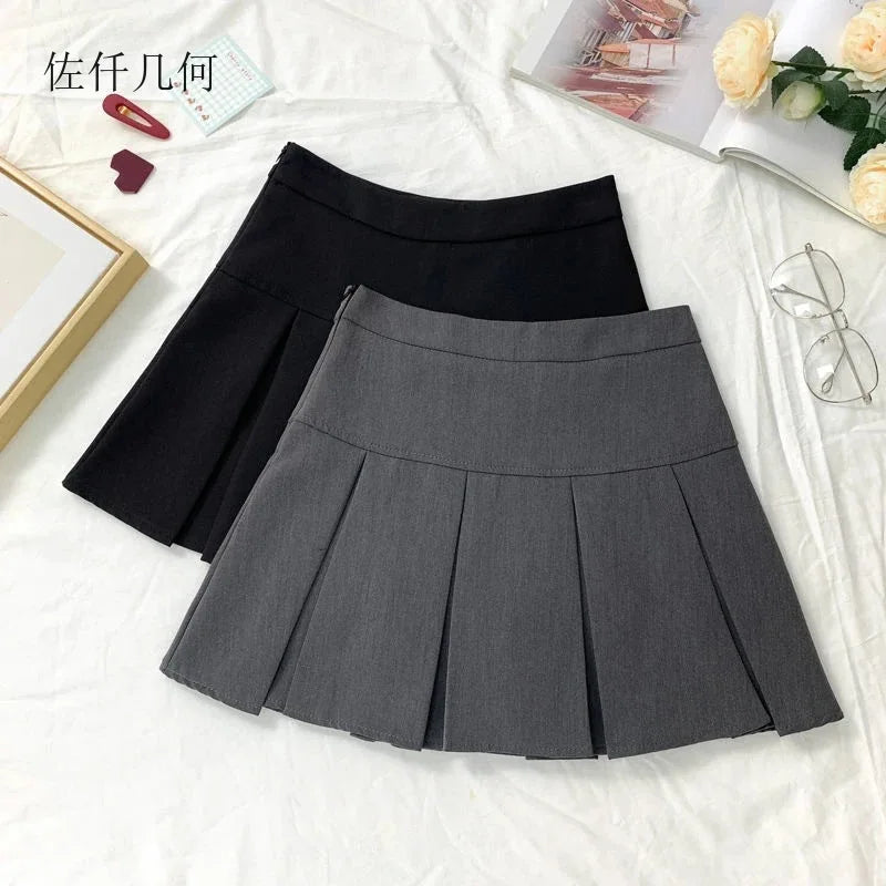 2026 New Black and Grey Pleated Skirt Women High Waist Mini Vintage Solid Skirts Korean Fashion School Uniform Streetwear