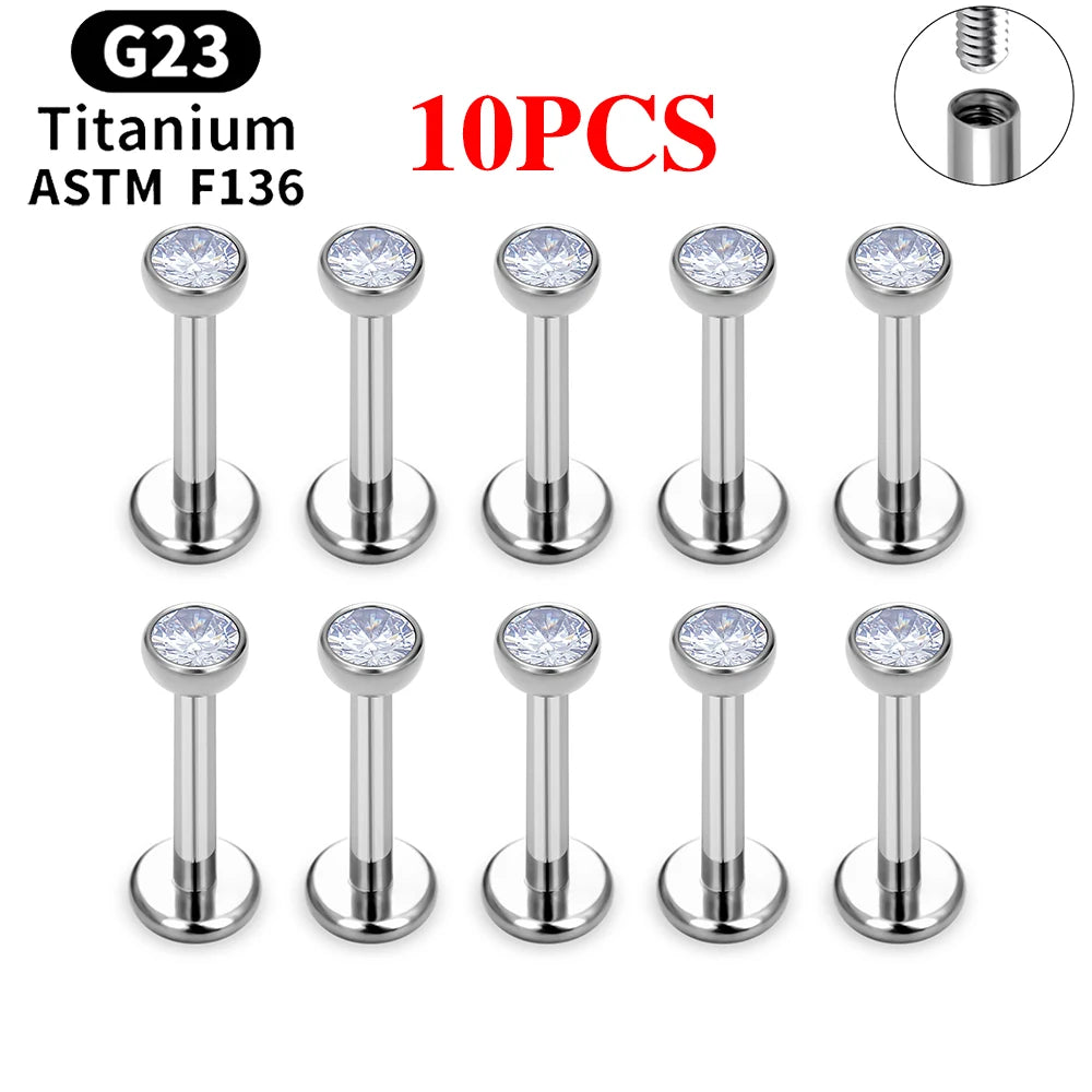 10/50PCS G23 Ttianium Piercing Labret Lip Stud Ring CZ 16G Internal Thread Stud Earring Ear Tragus Cartilage Helix Daith Jewelry