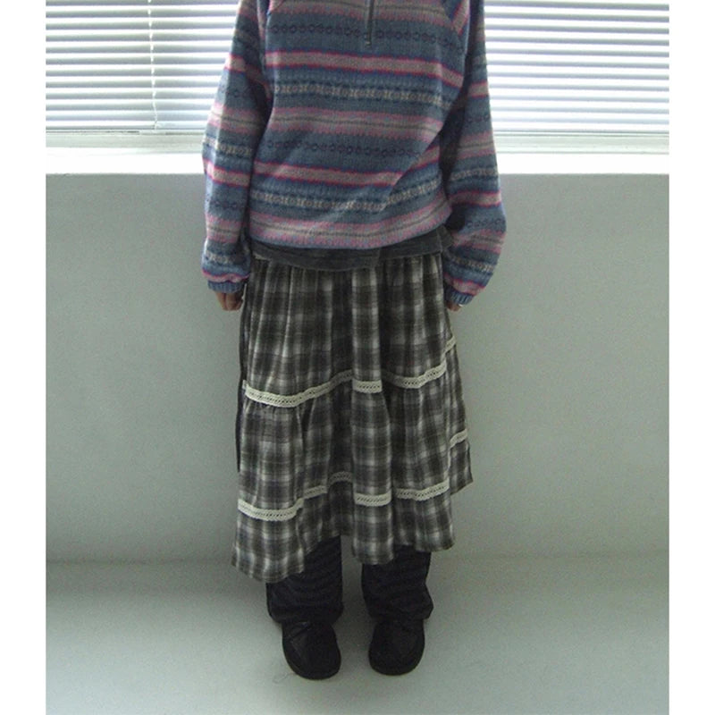 MEXZT Harajuku Plaid Midi Skirt Women Japanese Vintage Lace Patchwork Skirts Summer Streetwear Grunge Casual A Line Faldas New