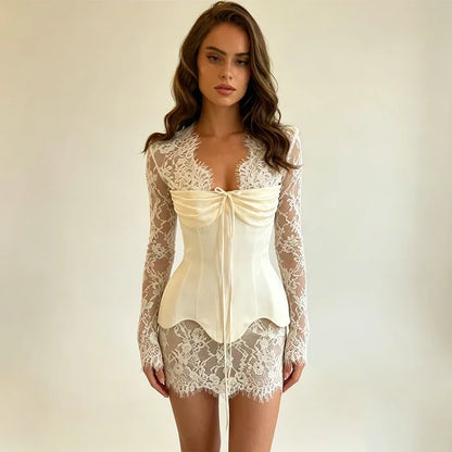 Sexy Lace Dress For Women Strapless Fishbone Corset Slim Waist Long Sleeve Mini Dresses 2026 New Hollow Out Party Two Piece Set