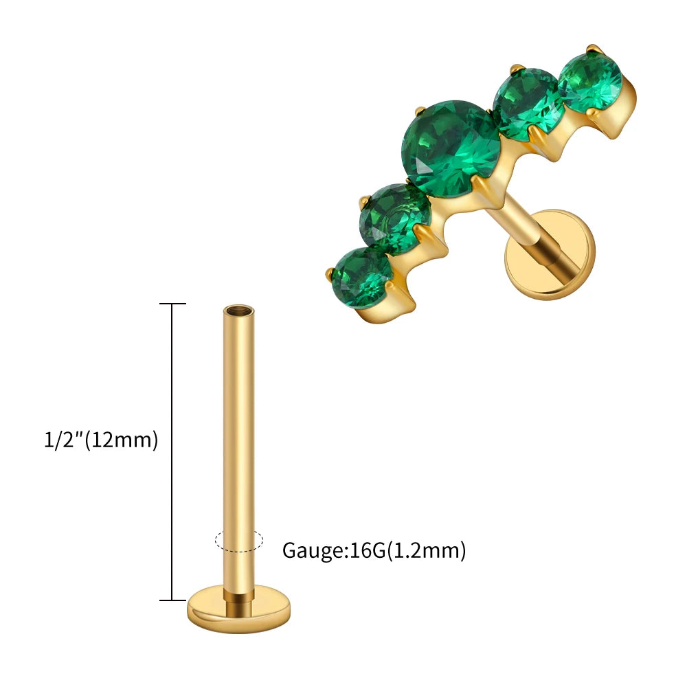 Right Grand ASTM F136 Titanium 16G CZ Cluster Flat Back Labret Stud Curved CZ Bar Climber Earring Helix Cartilage Stud Piercing