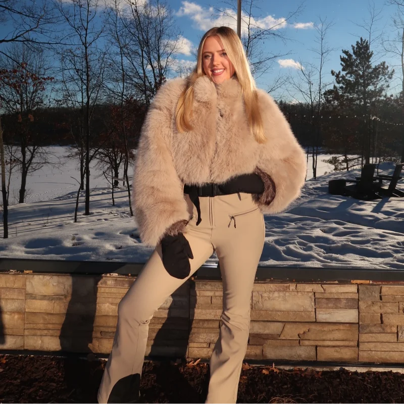 Faux Fur Top Splicing Womne's One Piece Skiwear Winter Warm Stand Collar Jacket Tight Flared Jumpsuit Outdoor Snowboard Clothing
