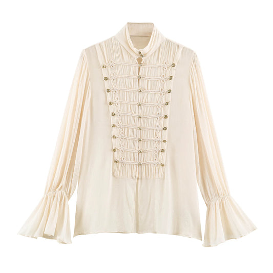2026 Summer Women's Vintage Chinese Knotted Button UP Long Flare Sleeve Shirts Lady Elegant Loose Ruffles Stand Collar Blouses