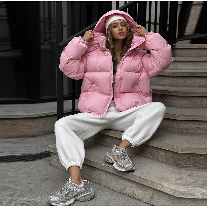Oversized Puffer Women Jackets Coat Print Hooded Zipper Parka Coats Loose Mid‑Length Warm Winter Outerwear With Big Pockets