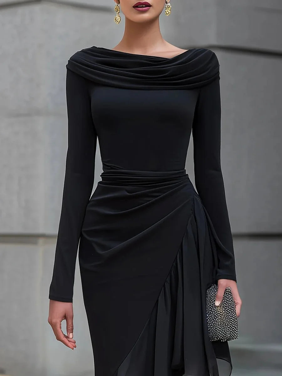 Elegant Women's Party Dress Spring Autumn Fashion Boat Neck Irregular Hem Loose Long Dresses Ladies Ruffles Temperament Dress