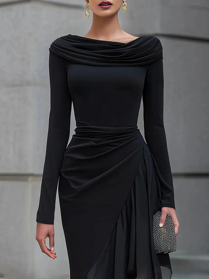 Elegant Women's Party Dress Spring Autumn Fashion Boat Neck Irregular Hem Loose Long Dresses Ladies Ruffles Temperament Dress