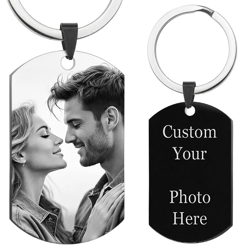 Personalized Photo Keychain, Custom Laser-Engraved Portrait Keychain, Stainless Steel Black Military Tag Pendant, Wedding Thank You Letter Keychain Gift, Valentine's Day Commemorative Keychain, Anniversary Gift