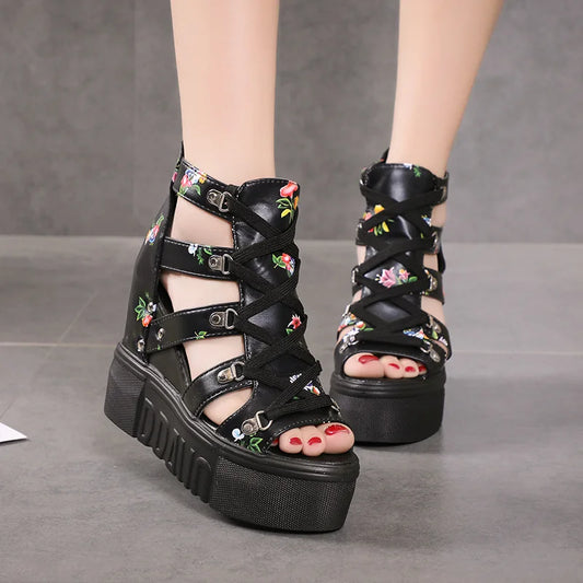 Summer New Women Wedge Sandals Color Patchwork Cross Lace-up High Heels Roman Shoes 12cm Fish Mouth Broken Flower Platform Shoes