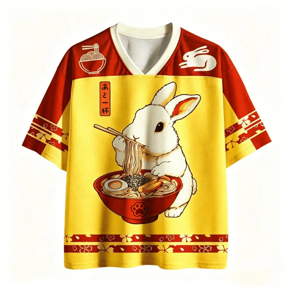 Japanese Cute Rabbit Eating Ramen 3D Print Breatha Quick-dry Men's V-neck Plus-size T-shirt Streetwear Y2K Parent-child Clothing