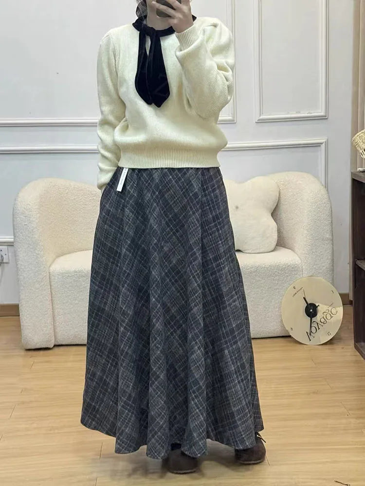 Vintage Plaid Midi Skirts for Women Korean High Waist Casual Faux Wool Skirts Y2K Elegant Office Lady All Match A Line Skirts