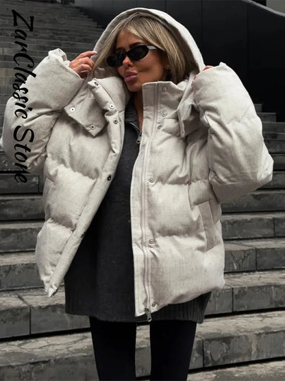 Fashion Women's Winter Jacket Casual Solid Hooded Full Sleeve Zip-up Loose Padded Coats New Street Chic Warm Outwear 2026