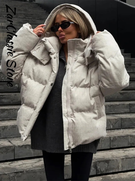 Fashion Women's Winter Jacket Casual Solid Hooded Full Sleeve Zip-up Loose Padded Coats New Street Chic Warm Outwear 2026