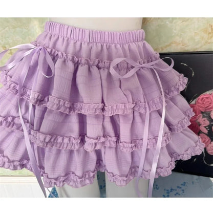 Women Fashion Sweet Purple Cake Short Skirt Slimming Lace Elastic Waist Half Body Skirt Girls Clothes