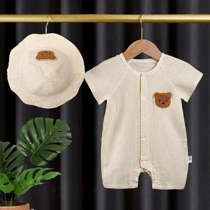 2Pcs Baby Summer Jumpsuits Hat Set Bear Muslin Newborn Romper for Boys Girls Clothes Toddler Onesie Infant Outfit Clothing
