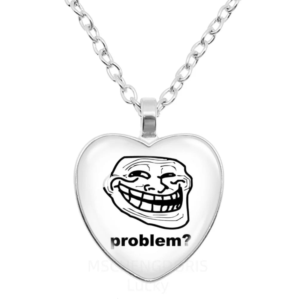 Rage Comic Necklace Derp Face Trollface Funny Meme Cartoon Glass Heart Shape Pendant Chain Necklace Charm Jewelry Collect Gift