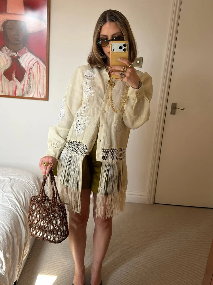 Women's Tassel Hem Vintage Tops Long Sleeved Single Breasted Button Out Stand Up Collar Coat Autumn Bohemian Street Daily Outfit