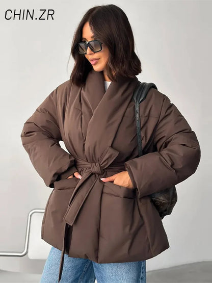 Casual Lace Up Women Winter Coats 2026 Belt Stand Collar Zipper Full Sleeve Kimono Jacket Lady Solid Thick Warm Outwear New