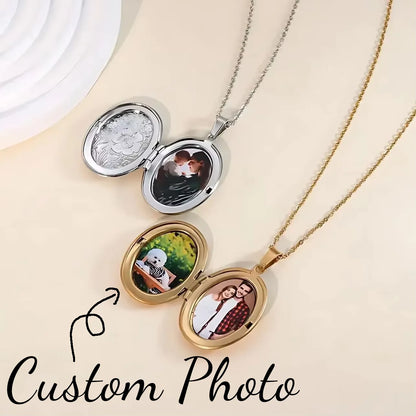Custom 1/2 Photo Necklace Delicate Floral Oval Locket Pendant for Women Personalized Picture Gold Plated Stainless Steel Pendant