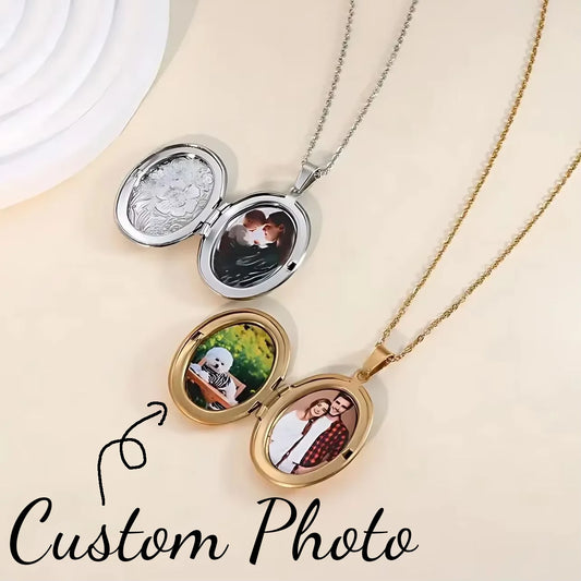 Custom 1/2 Photo Necklace Delicate Floral Oval Locket Pendant for Women Personalized Picture Gold Plated Stainless Steel Pendant